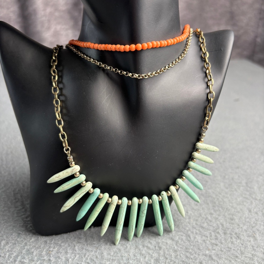 Layered Statement Necklace Orange Beads Faux Turquoise Spikes Gold Tone Chain